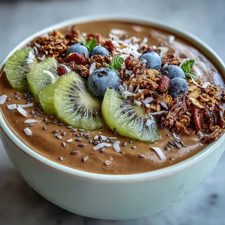 Enjoy an earthy, chilled Hojicha Smoothie Bowl garnished with coconut flakes, ripe strawberries, and blueberries for a healthy snack.