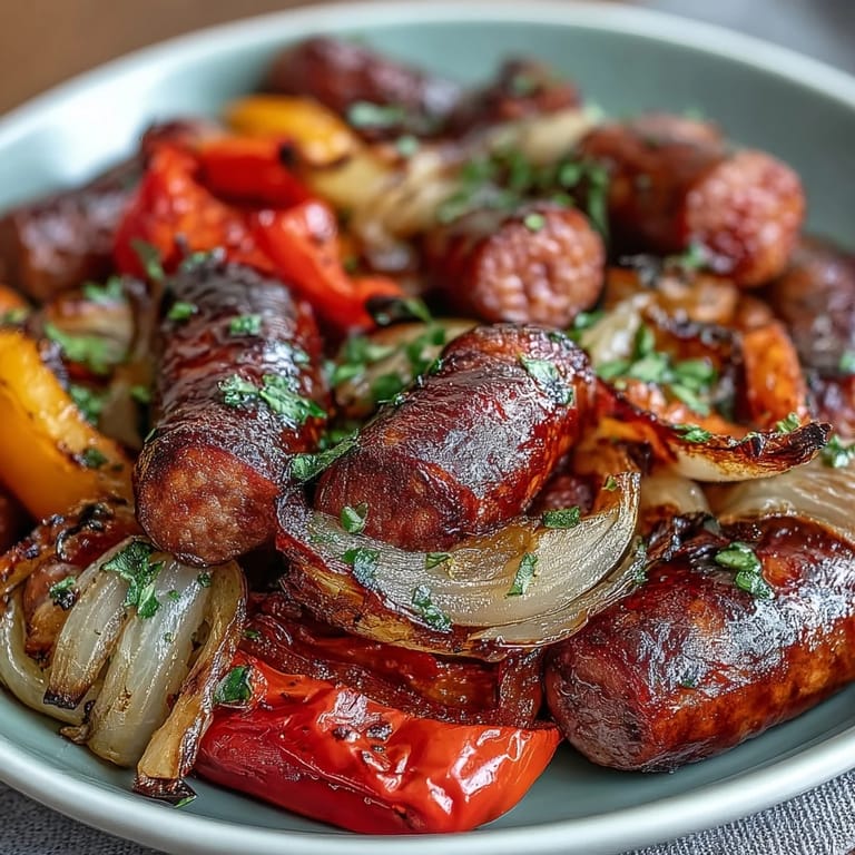 Juicy Italian sausages and caramelized peppers roasted to perfection on a single sheet pan, offering bold flavors with minimal cleanup.
