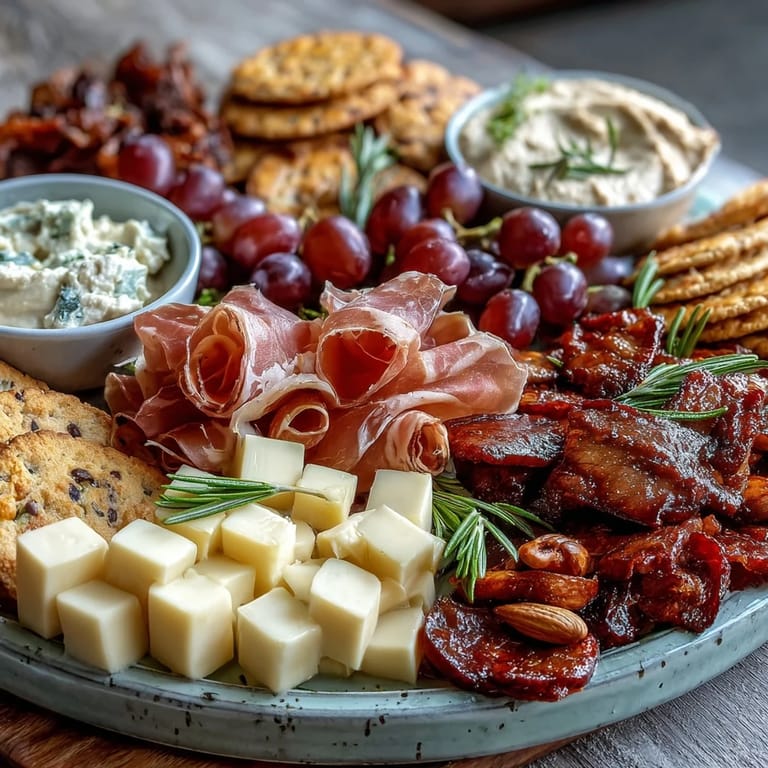 Housewarming Party Charcuterie Board with Dips and Crackers: Elegant arrangement of charcuterie meats, dips, and crackers perfect for entertaining guests at a new home celebration.
