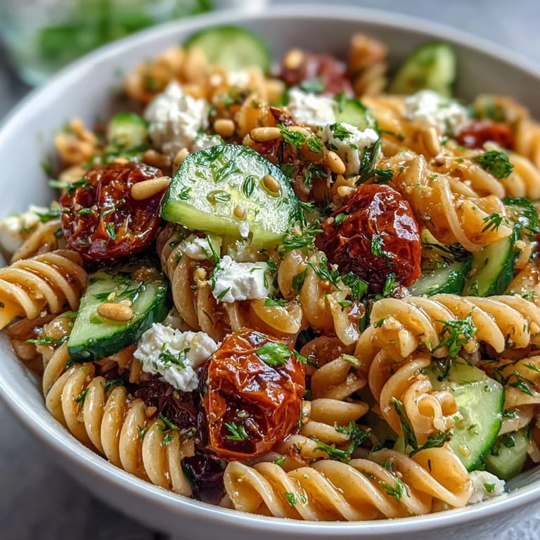 Zesty Lemon Vinaigrette Pasta Salad featuring crisp cucumbers, juicy cherry tomatoes, and tender pasta, perfect for light lunches or picnics.  