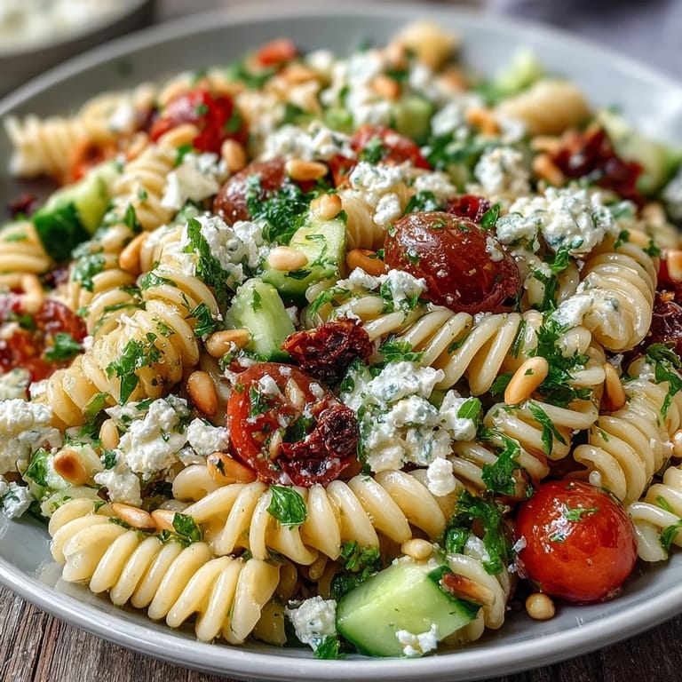 Bright Lemon Vinaigrette Pasta Salad with Cucumbers and Cherry Tomatoes, tossed in a tangy homemade dressing for a refreshing vegetarian meal.