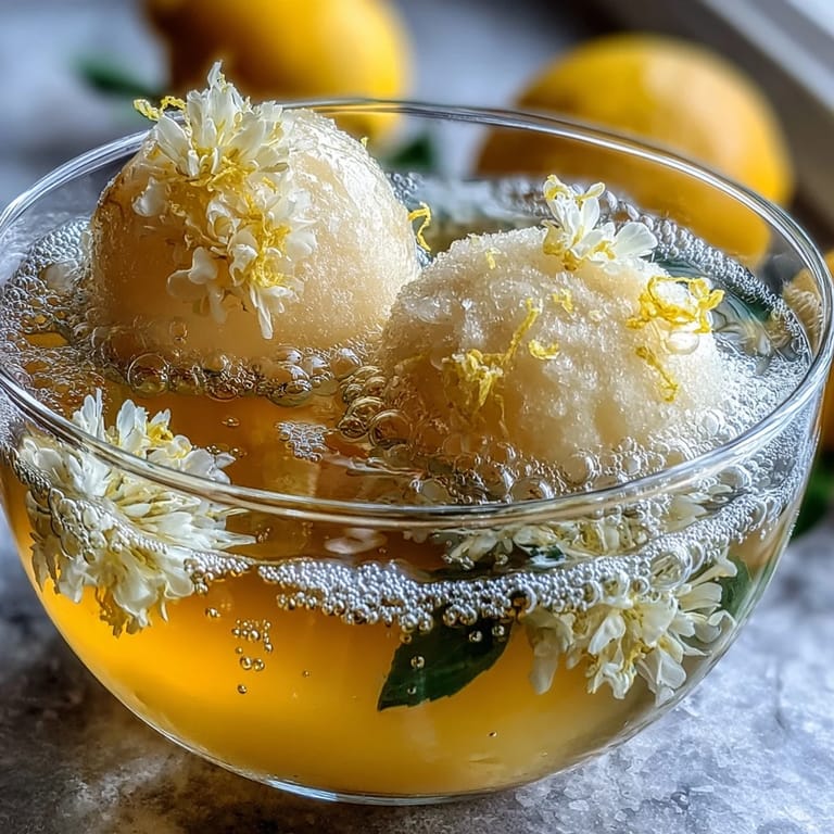 Zesty lemon sorbet and Limoncello float with sparkling water, garnished with lemon slices for a bright, refreshing treat.