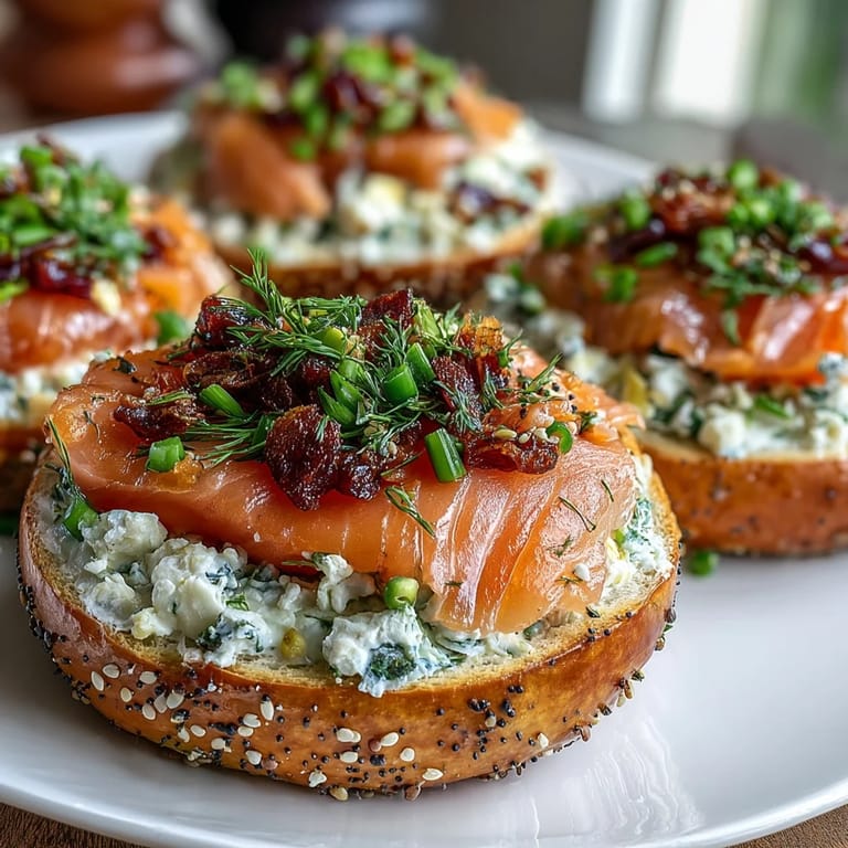 Elegant smoked salmon bagel platter featuring assorted bagels, whipped cream cheese, and colorful vegetables for a festive spring gathering.