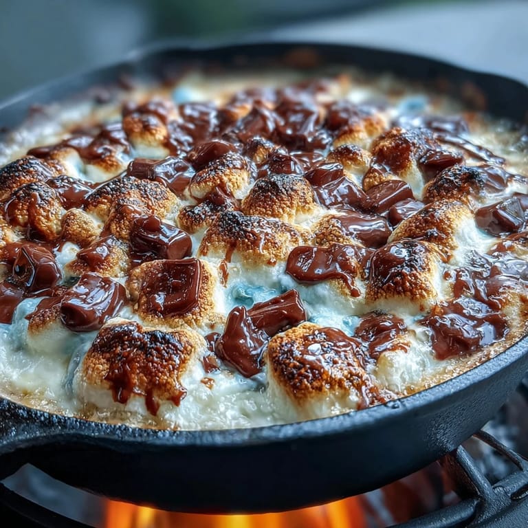 Gooey smores dip features golden-brown marshmallows atop rich chocolate in a rustic cast iron skillet, perfect for sharing at summer celebrations.