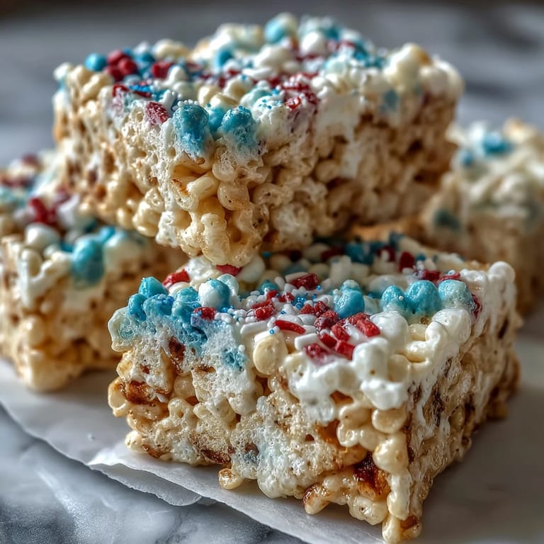 Patriotic Rice Krispies squares with bold red, white, and blue layers, topped with festive sprinkles for a fun holiday treat.