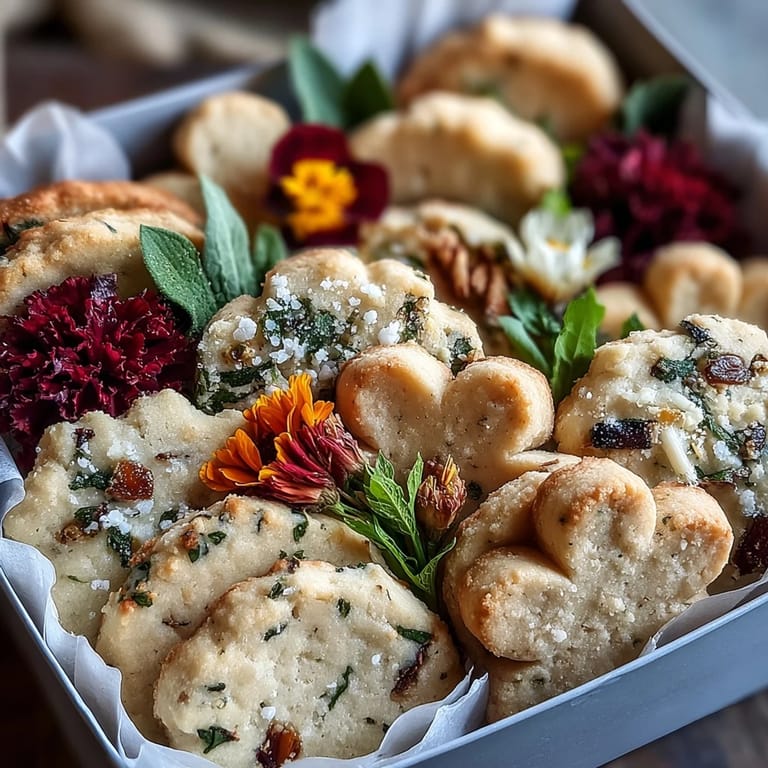 Delicate vanilla shortbread cookies decorated with edible flowers and sugar for a festive treat.  