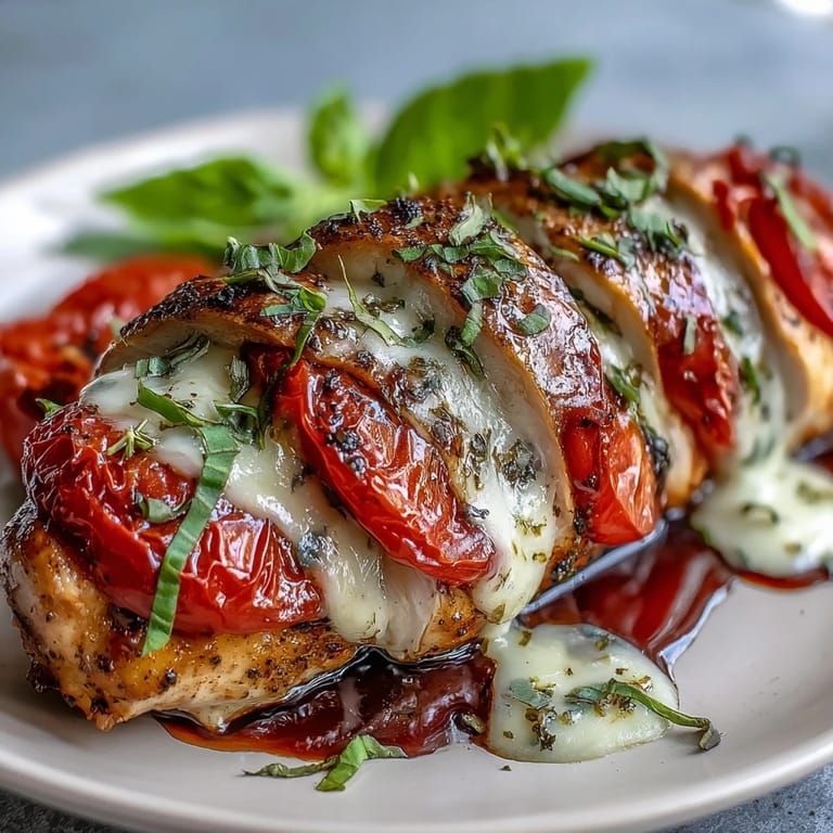 Juicy chicken breasts filled with mozzarella, ripe tomatoes, and basil leaves, finished with a tangy balsamic drizzle.