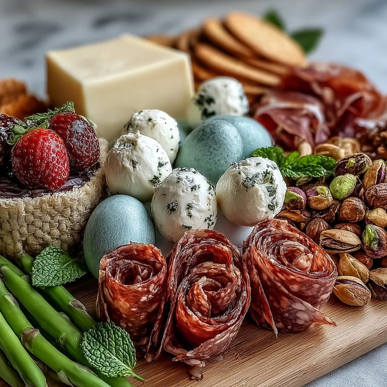 Adorable mini Easter basket treat board featuring pastel chocolates, bunny cookies, and fresh vegetables, beautifully arranged for spring celebrations.