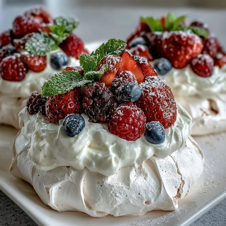 Delicate meringue pavlova base, soft and marshmallowy inside, generously topped with sweet whipped cream and juicy spring berries.