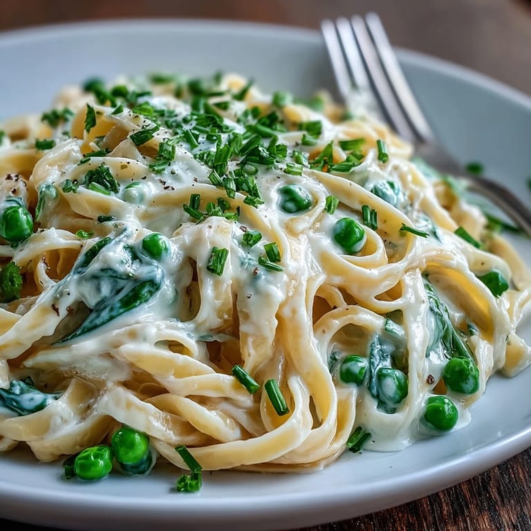 Creamy linguine with vibrant green peas and spinach, coated in a silky lemon-infused cream sauce.