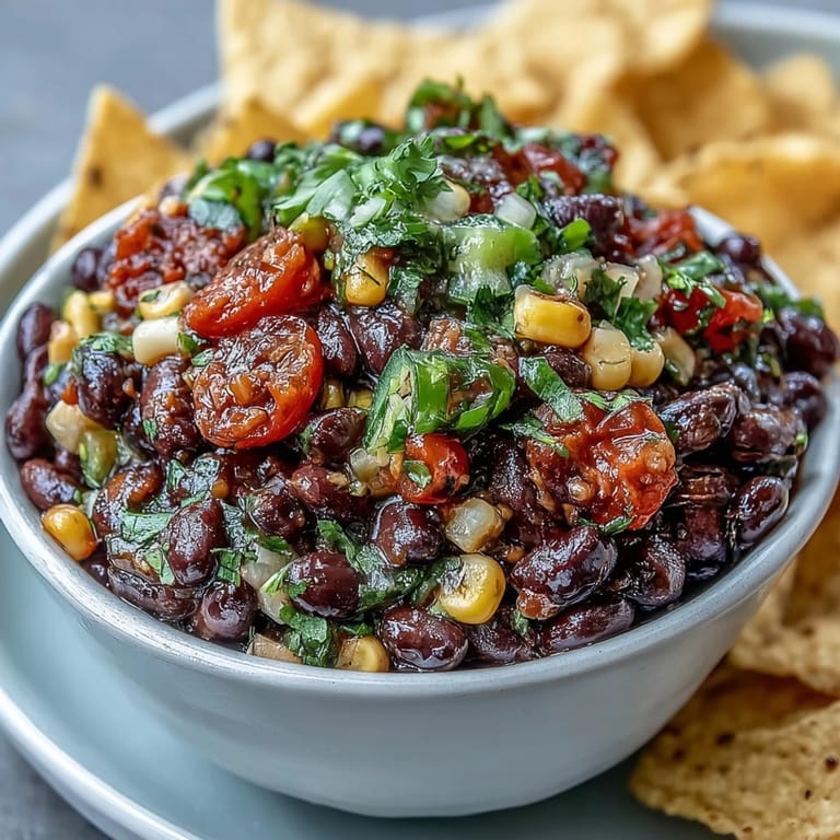 Zesty cowboy caviar dip featuring black beans, sweet corn, and pico de gallo—perfect with crispy tortilla chips.