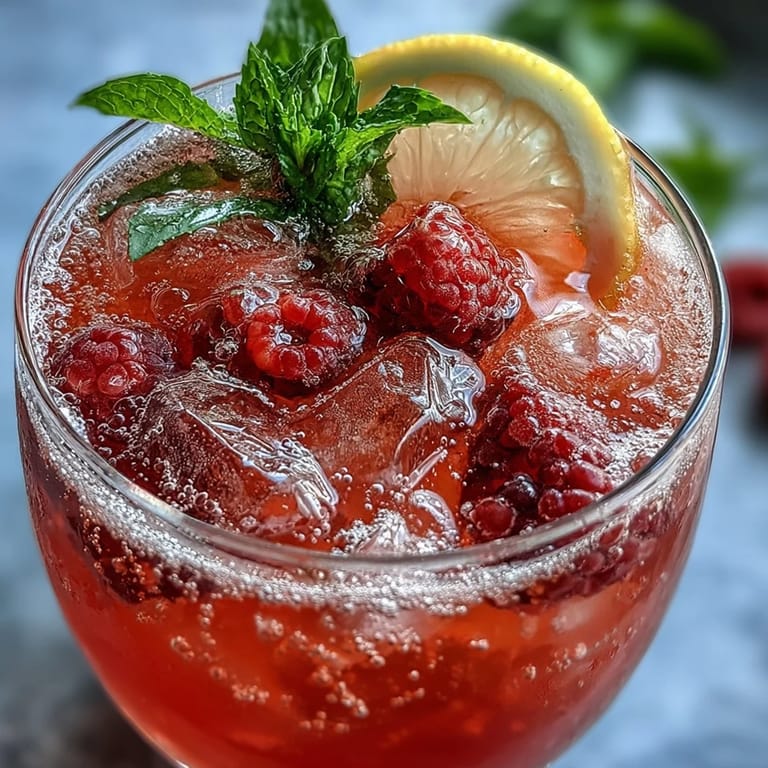 Chilled raspberry lemon mocktail garnished with mint and berries, offering a fizzy, fruity burst in every sip.