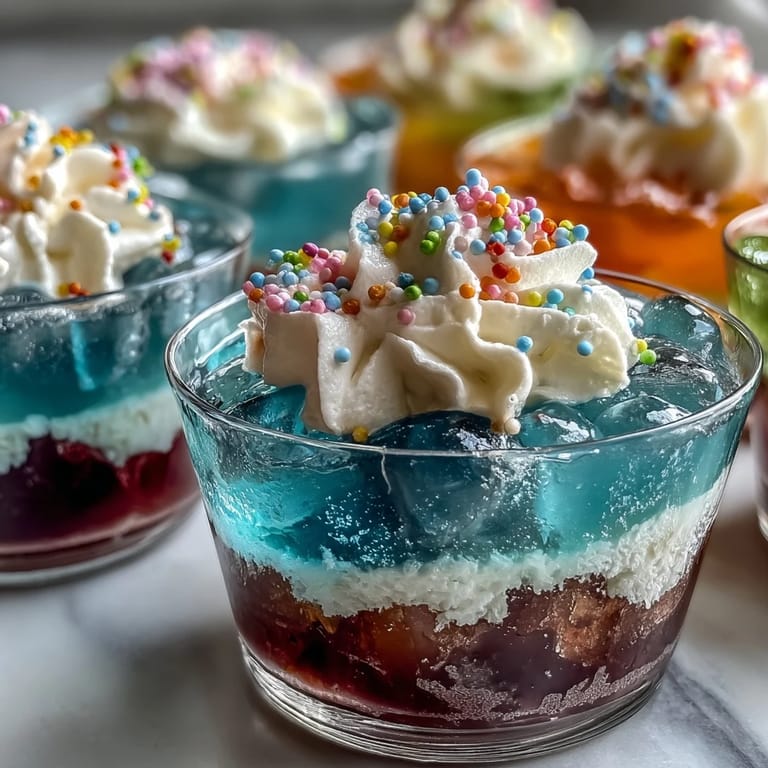 Festive Rainbow Jello Cups for Kids, a colorful no-bake dessert with fruity Jello layers, served chilled and crowned with swirls of whipped topping and cheerful sprinkles.