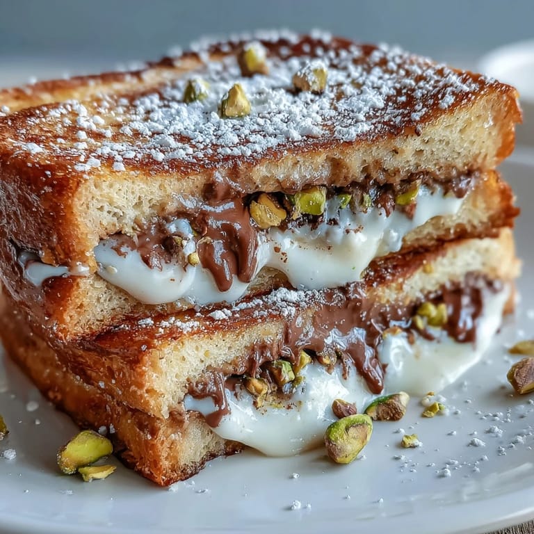 Savory Dubai Chocolate Pistachio Croissant French Toast, perfectly crisp with nutty crunch.