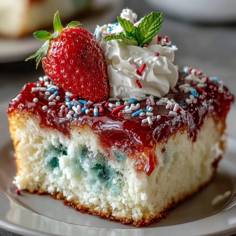 A slice of delicious Memorial Day Red White Blue Poke Cake topped with sprinkles.