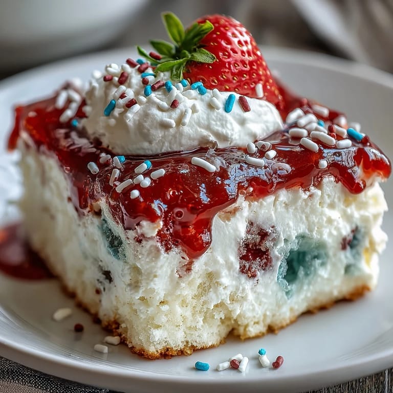 Enjoy a cool, patriotic Memorial Day Red White Blue Poke Cake, ready for serving.