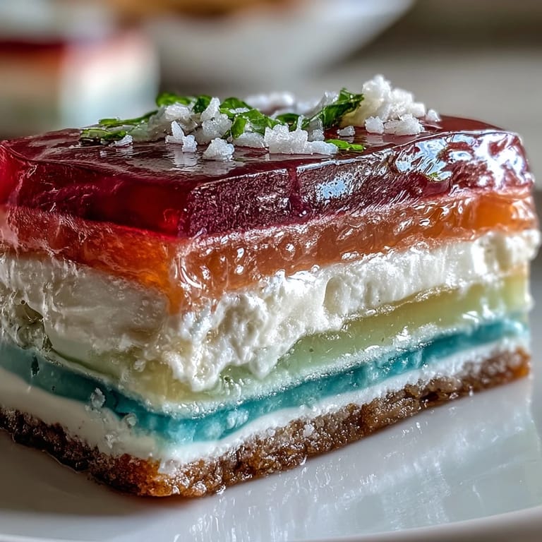 Deliciously layered rainbow jelly cake recipe featuring a refreshing coconut cream finish.