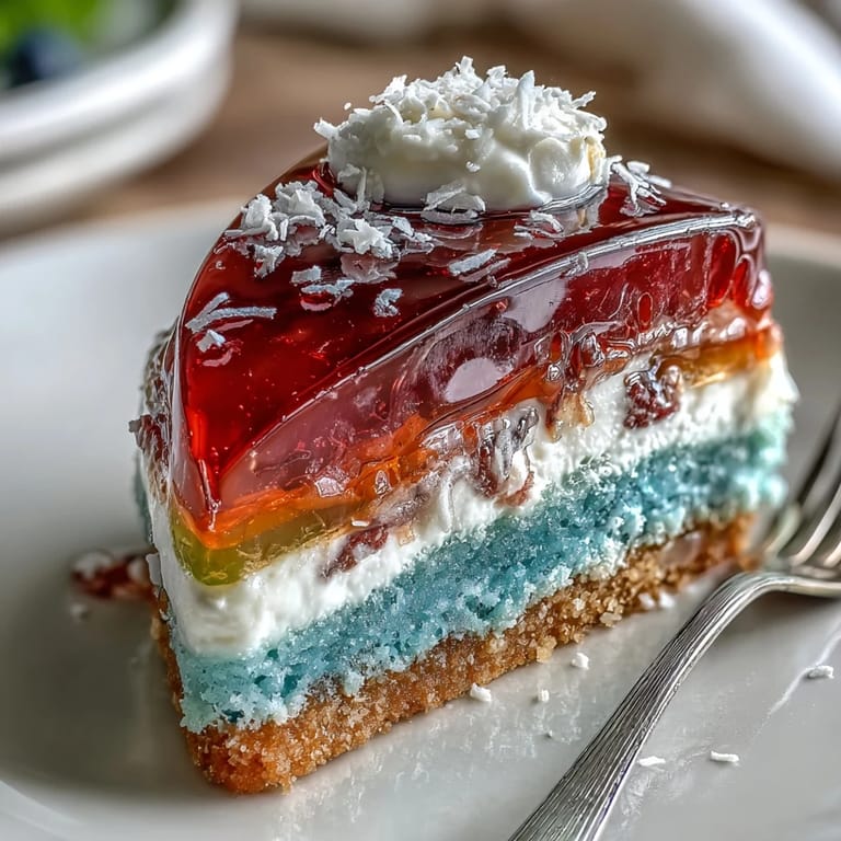 Showcase a visually stunning rainbow jelly cake, topped with smooth coconut cream for dessert.