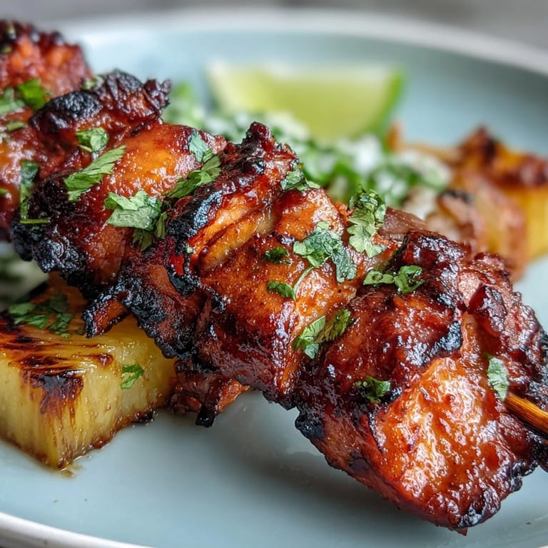 Juicy, marinated chicken al pastor skewers with sweet pineapple, grilled golden.