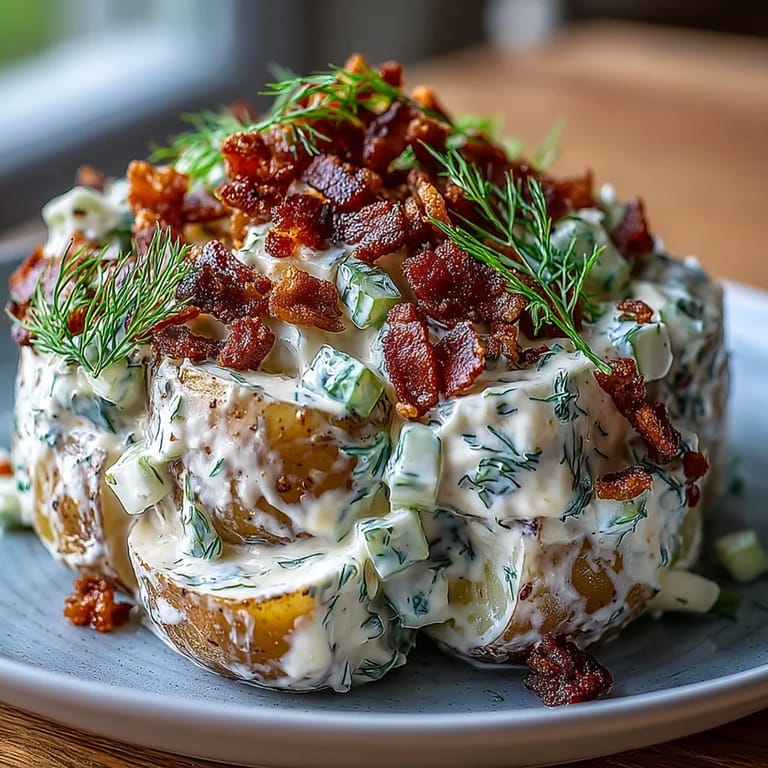 Tangy Dill and Bacon Potato Salad piled high, a colorful, savory side dish delight.