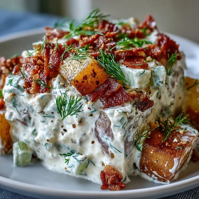 Festive potato salad with dill and bacon, boasting creamy dressing, perfect for summer barbecues.
