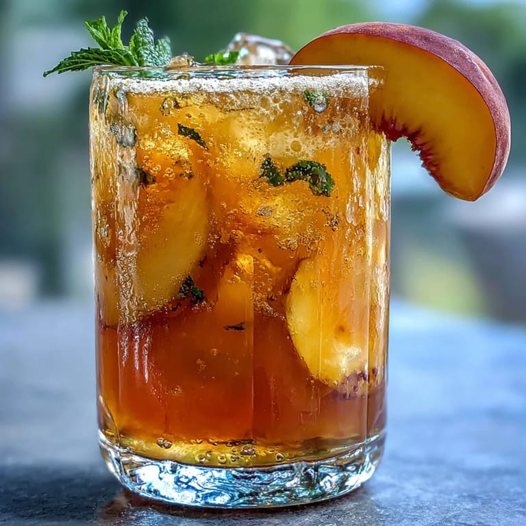 Enjoy this refreshing Iced Peach Green Tea Lemonade with fresh fruit garnishes.