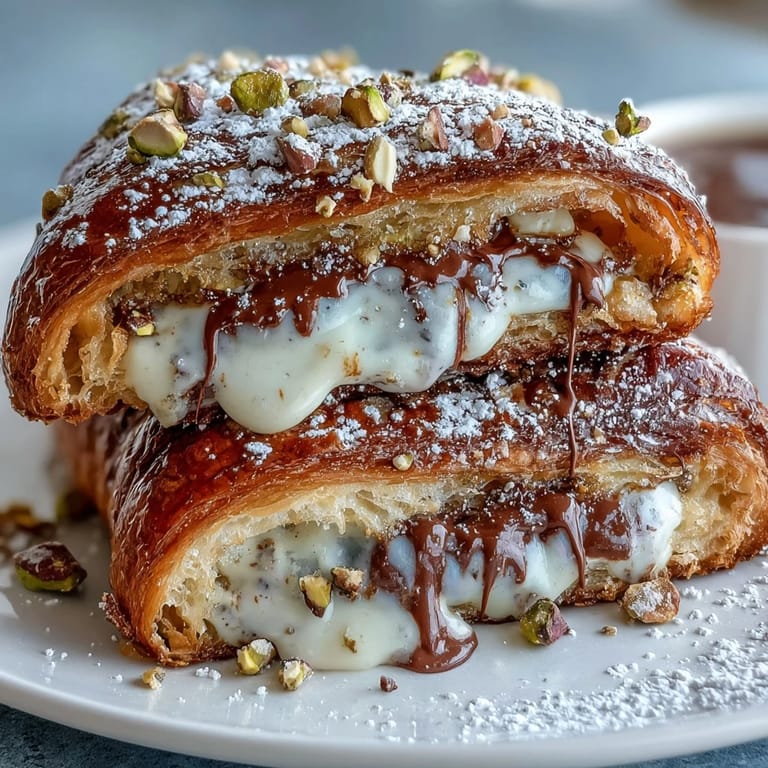 Luxurious Dubai Chocolate Pistachio Croissant French Toast dusted with powdered sugar.