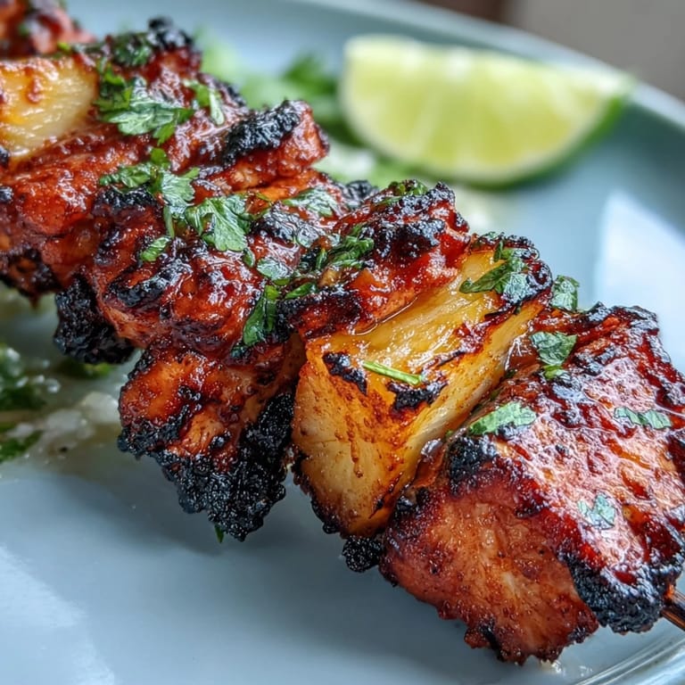 Al pastor chicken skewers, vibrant with grilled pineapple and fresh cilantro.