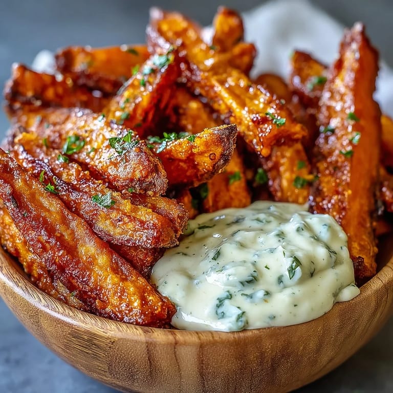 Golden, tender Air Fryer Sweet Potato Fries ready for dipping in zesty aioli.