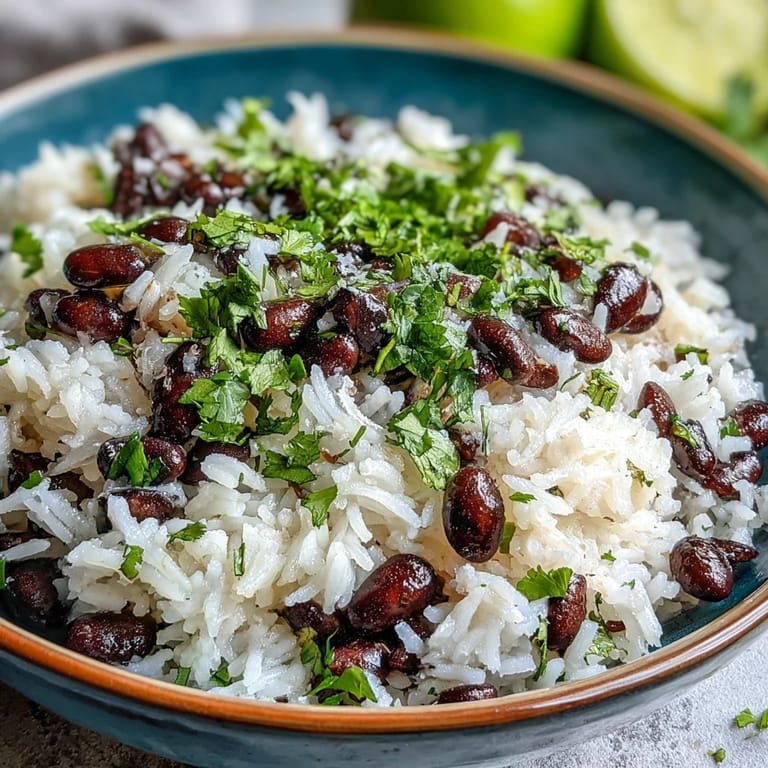 Savory coconut lime rice dish with vibrant black beans, fresh cilantro topping.