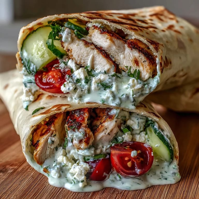 Juicy Tzatziki Chicken Wraps piled high with vibrant veggies and tangy feta cheese.