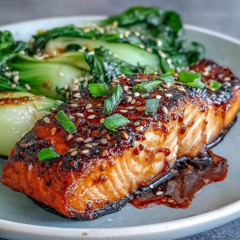 Juicy Miso Glazed Salmon fillet beside a bed of garlicky, sesame-sautéed bok choy.