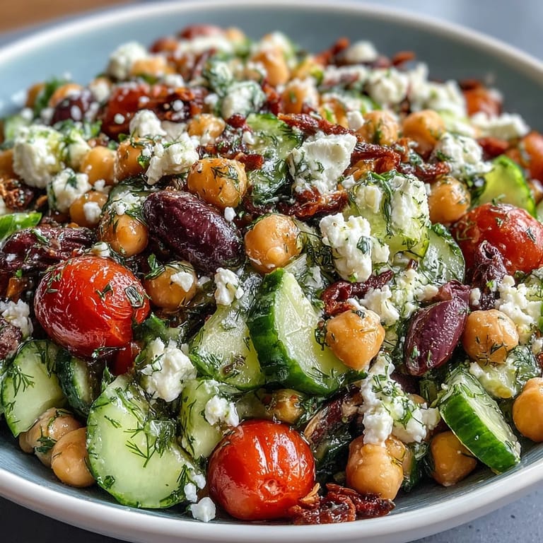 Freshly prepared Mediterranean Chickpea Salad, a colorful mix of vegetables, ready to serve.