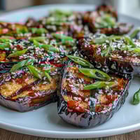 Miso Glazed Eggplant, roasted to tender perfection and glazed with a sweet, caramelized finish.