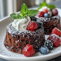 Freshly baked Hojicha White Chocolate Lava Cake with a molten roasted tea center, resting on a white plate beside fresh berries.