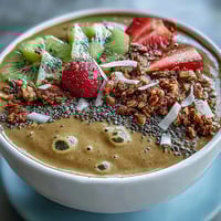 A thick and creamy Hojicha Smoothie Bowl topped with granola, fresh berries, and kiwi slices for a nourishing breakfast.