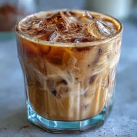 Iced Hojicha with Cinnamon served over ice in a clear glass with a light cinnamon dusting on top, ready to drink.