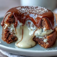 Freshly baked Hojicha Lava Cake with a dark roasted tea glaze on a ceramic plate, cut open to reveal a rich molten center.