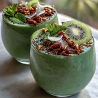 Creamy green smoothie bowl with spinach, avocado, and protein, topped with kiwi shamrock design and granola for a festive St. Patrick's Day breakfast.