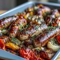 A colorful sheet pan dinner with sizzling sausages and sweet roasted bell peppers, ready in under 40 minutes for a hearty family meal.
