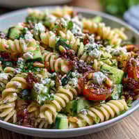 Fresh Lemon Vinaigrette Pasta Salad with Cucumbers and Cherry Tomatoes, a vibrant summer dish bursting with color and zesty flavor.  