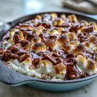 Festive 4th of July Smores Dip bubbling with melted chocolate and toasted marshmallows in a cast iron skillet, ready for dipping with graham crackers and berries.