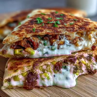Festive Cinco de Mayo street corn quesadilla with roasted corn, melty cheese, and smoky chipotle crema for dipping.