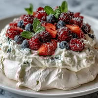 A crisp, golden pavlova shell crowned with billowing whipped cream and a vibrant mix of fresh berries.