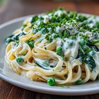 Spring pasta with lemon cream sauce and peas in a white bowl, garnished with Parmesan and lemon zest.