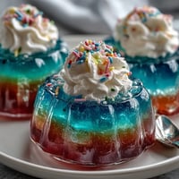 Vibrant Rainbow Jello Cups for Kids, layered in clear cups with bright red, orange, yellow, green, blue, and purple Jello, topped with fluffy whipped cream and rainbow sprinkles.