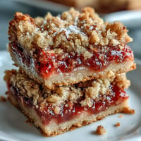 Golden strawberry rhubarb crumble bars, bursting with tangy fruit and buttery oat topping.