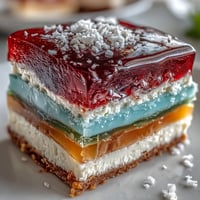 Vibrant rainbow jelly cake with creamy coconut topping, perfectly chilled and ready to serve.