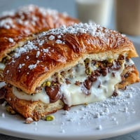 Golden-brown Dubai Chocolate Pistachio Croissant French Toast, oozing melted chocolate.