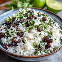 Fluffy coconut lime rice with black beans, cilantro, and lime zest.